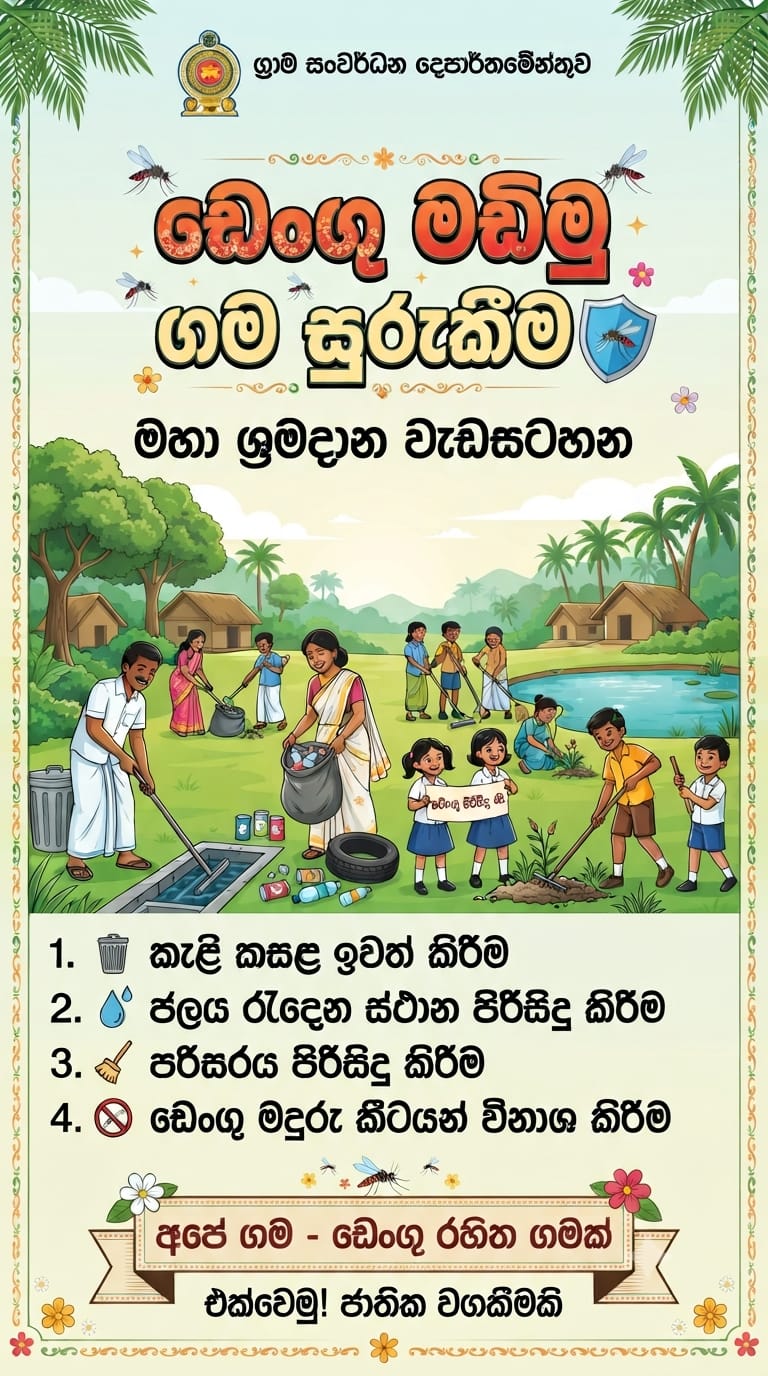 ඩෙංගු මඩිමු - ගම සුරකිමු  -   ඩෙංගු අධි වසංගත තත්ත්වය අවම කිරීම සඳහා කඩිනම් පියවර ගැනීම